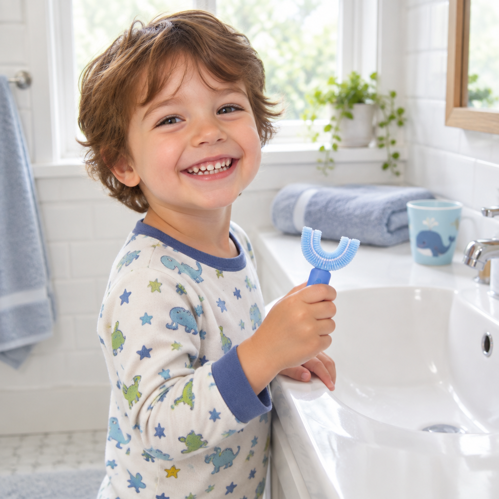 Child brushing with a U-shaped toothbrush in a bright bathroom