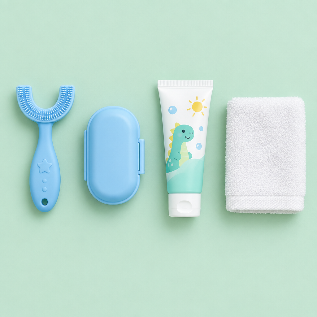 Flat lay of the toothbrush with travel case, toothpaste and washcloth