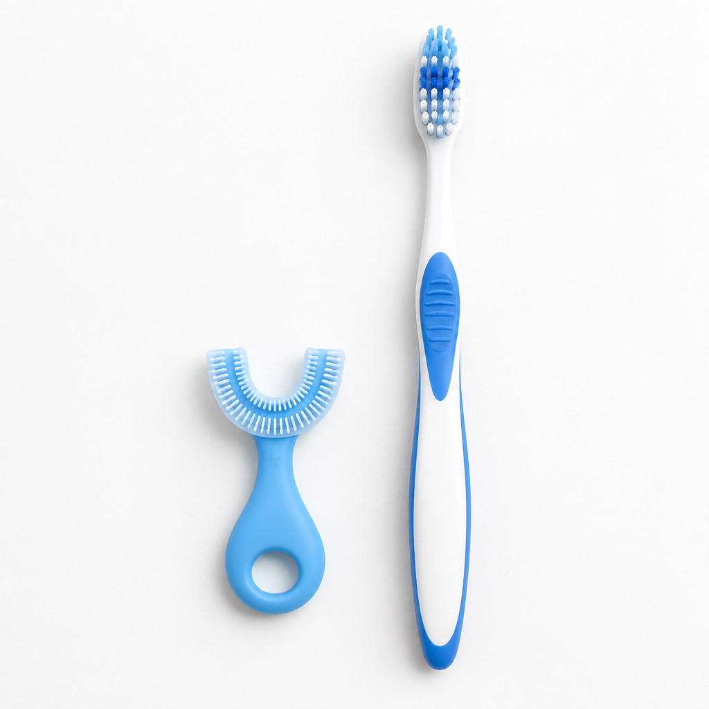 Kids U-shaped toothbrush beside a standard adult toothbrush for scale