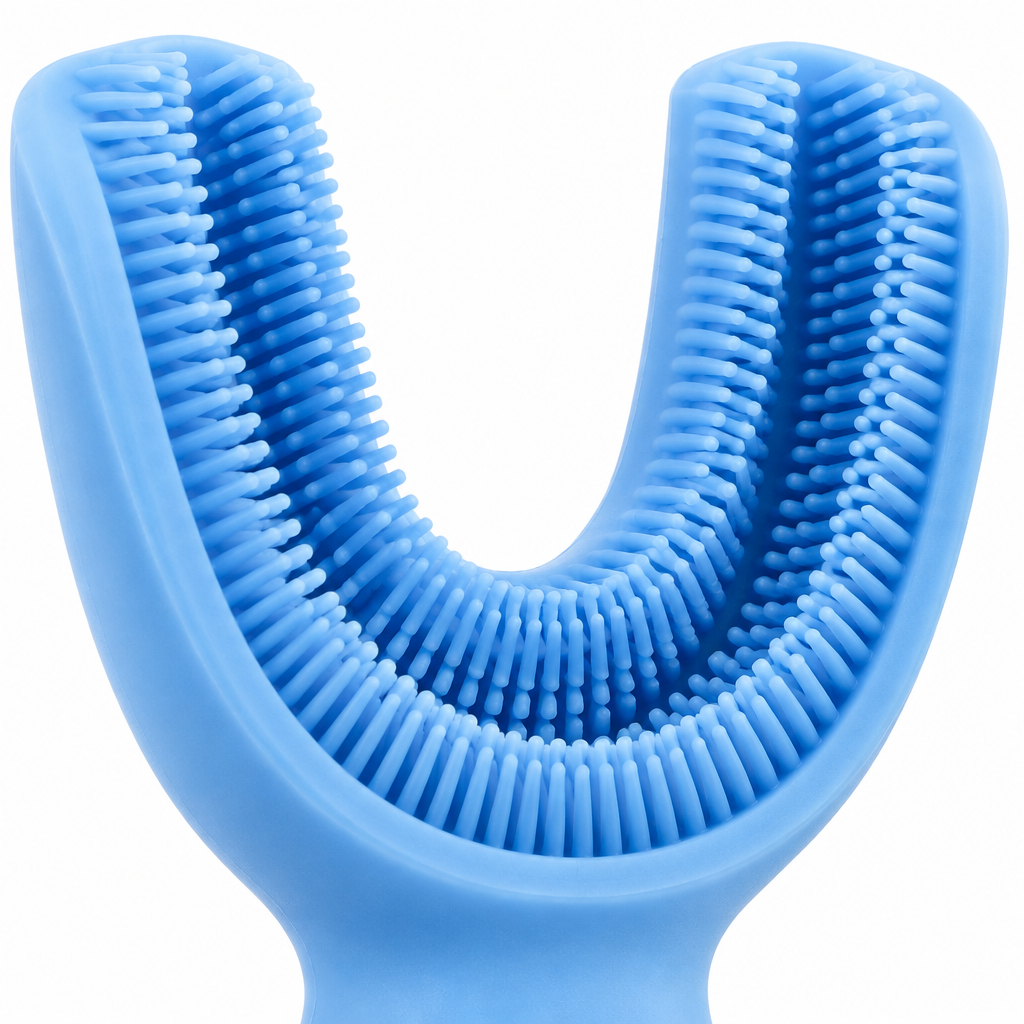 Macro close-up of soft silicone bristles inside the U-shaped mouthpiece