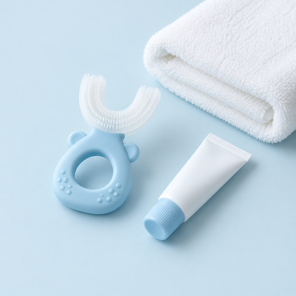 U-shaped kids toothbrush styled on a pale blue background